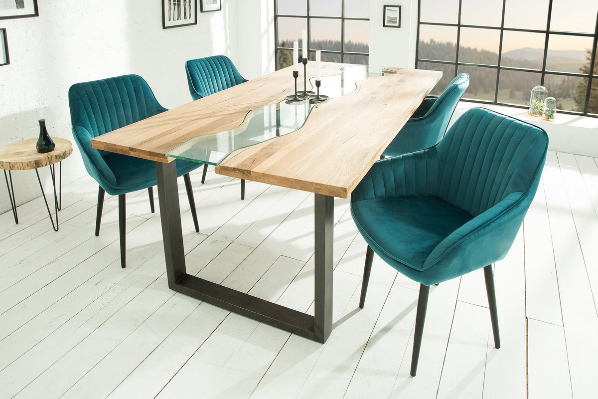 Lot de 2x Élégant fauteuil à accoudoirs TURIN turquoise velours avec surpiqûre décorative