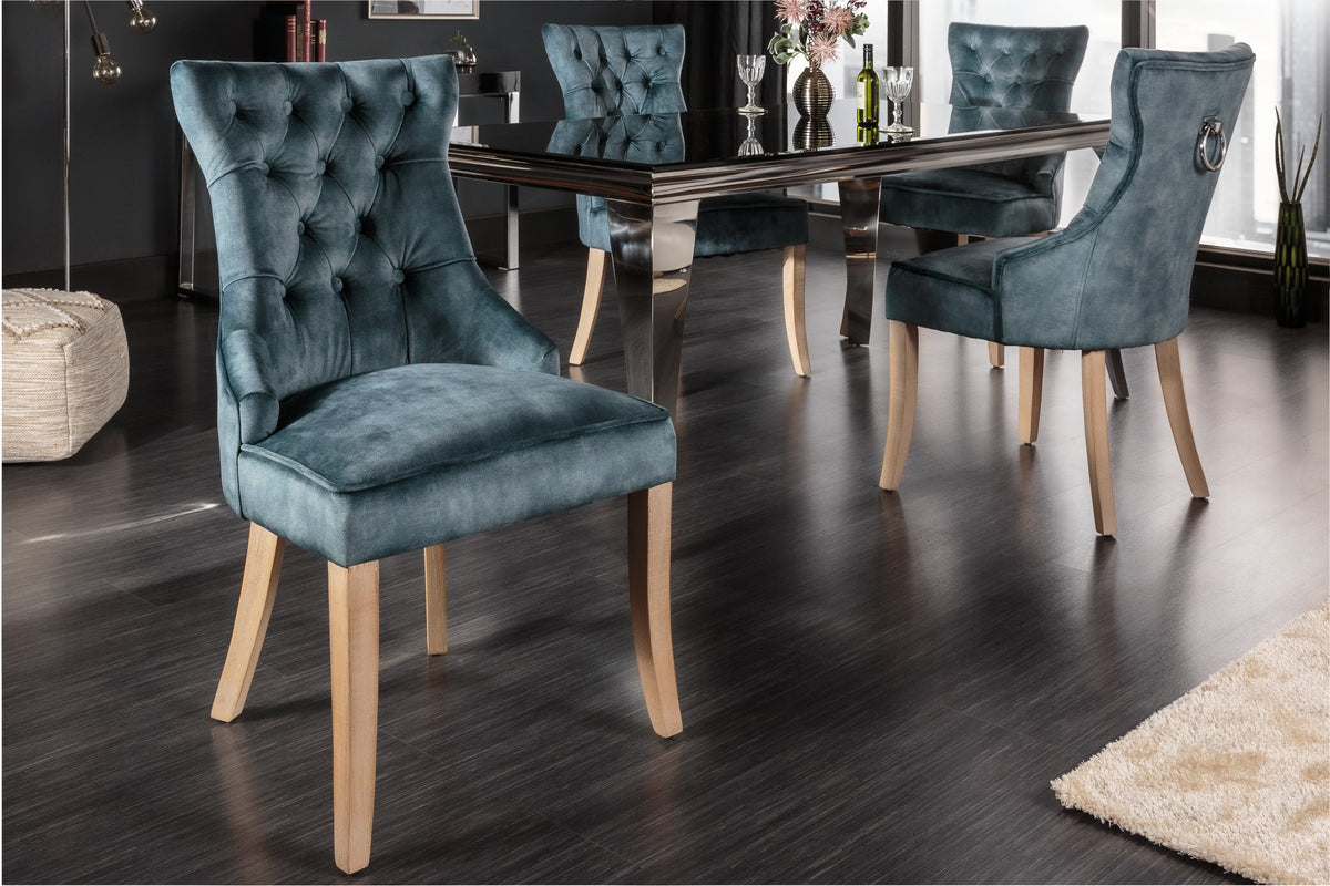 Lot de 2x Élégant fauteuil CASTLE pétrole velours style maison de campagne avec poignée confort
