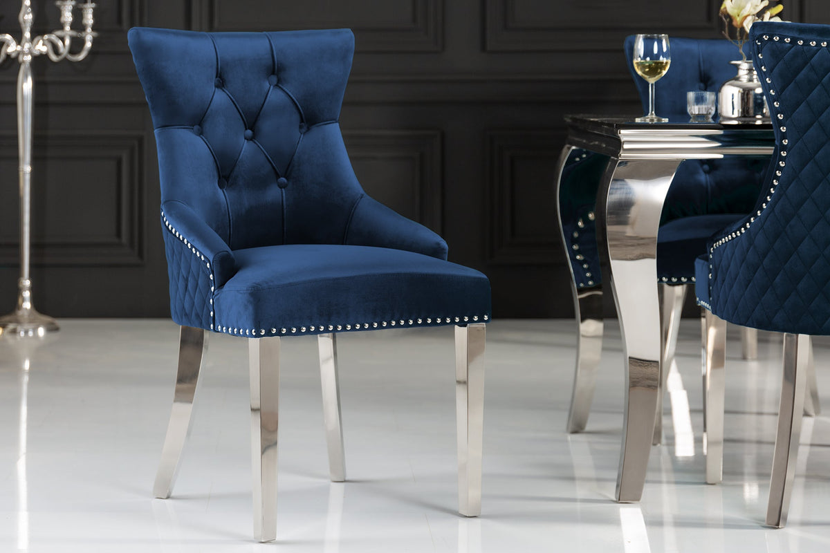 Lot de 2x Fauteuil baroque CASTLE DELUXE royal bleu velours tête de lion design Chesterfield chaise de salle à manger clous