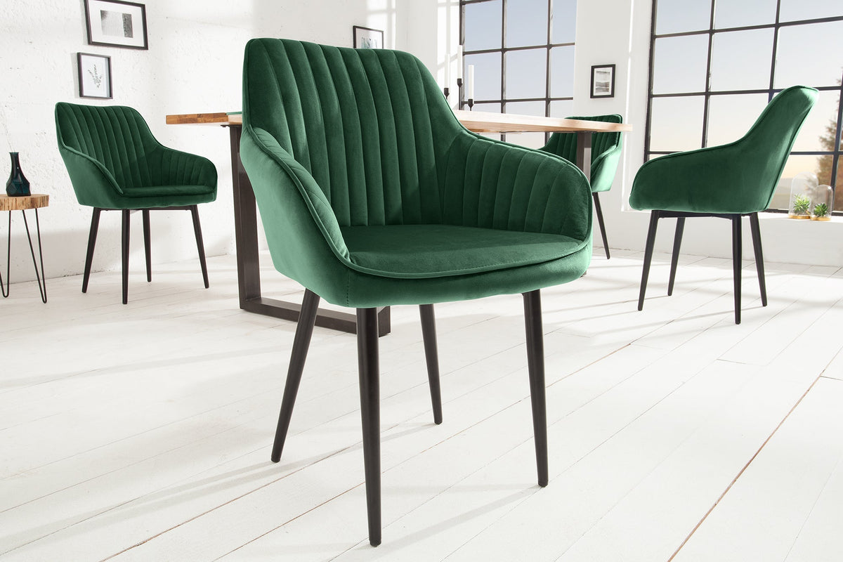 Lot de 2x Fauteuil élégant à accoudoirs TURIN vert émeraude en velours avec surpiqûre décorative