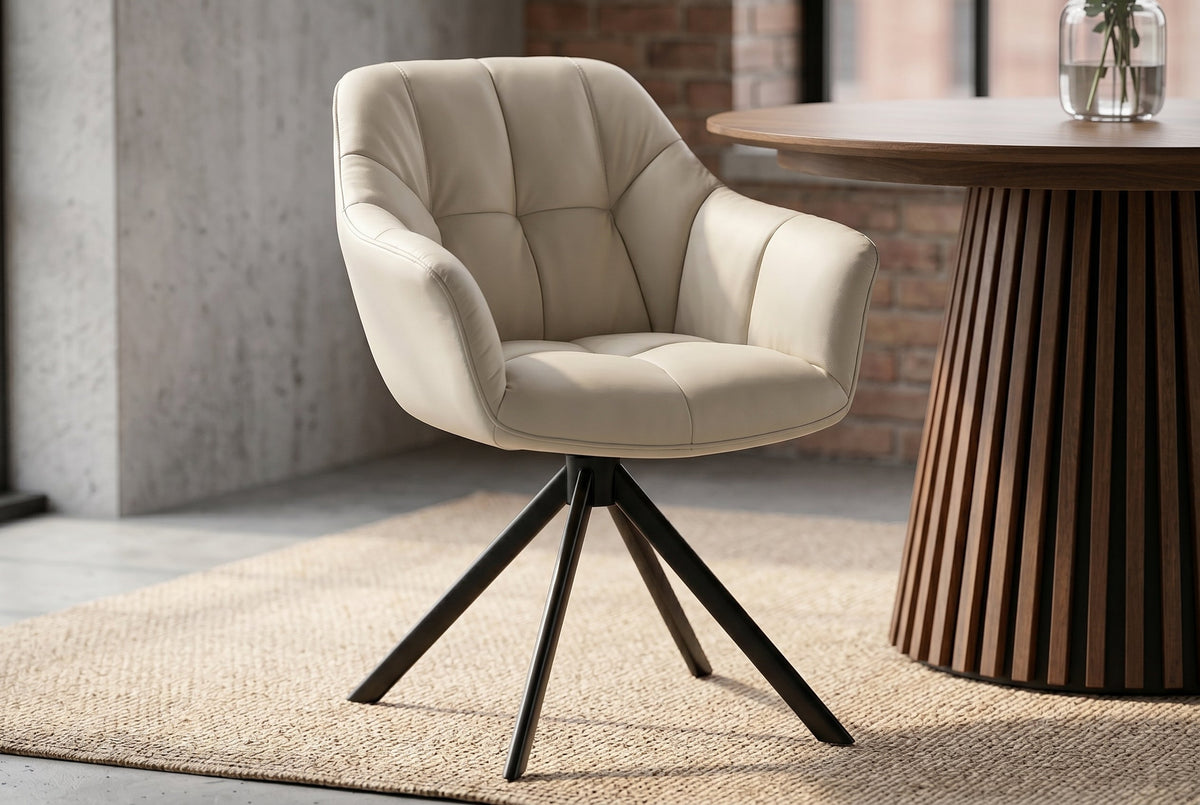 Lot de 2x Fauteuil pivotant PAPILLON beige en cuir véritable avec accoudoirs, piétement noir