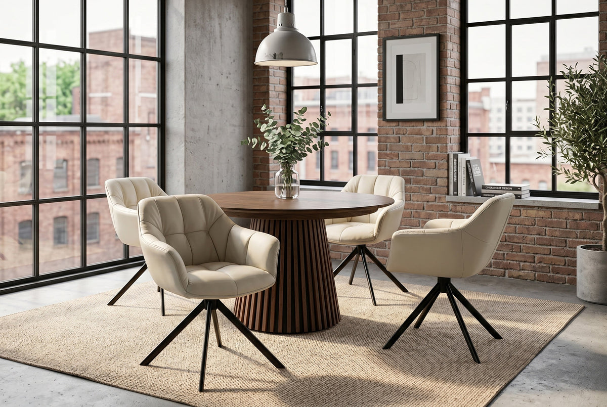 Lot de 2x Fauteuil pivotant PAPILLON beige en cuir véritable avec accoudoirs, piétement noir