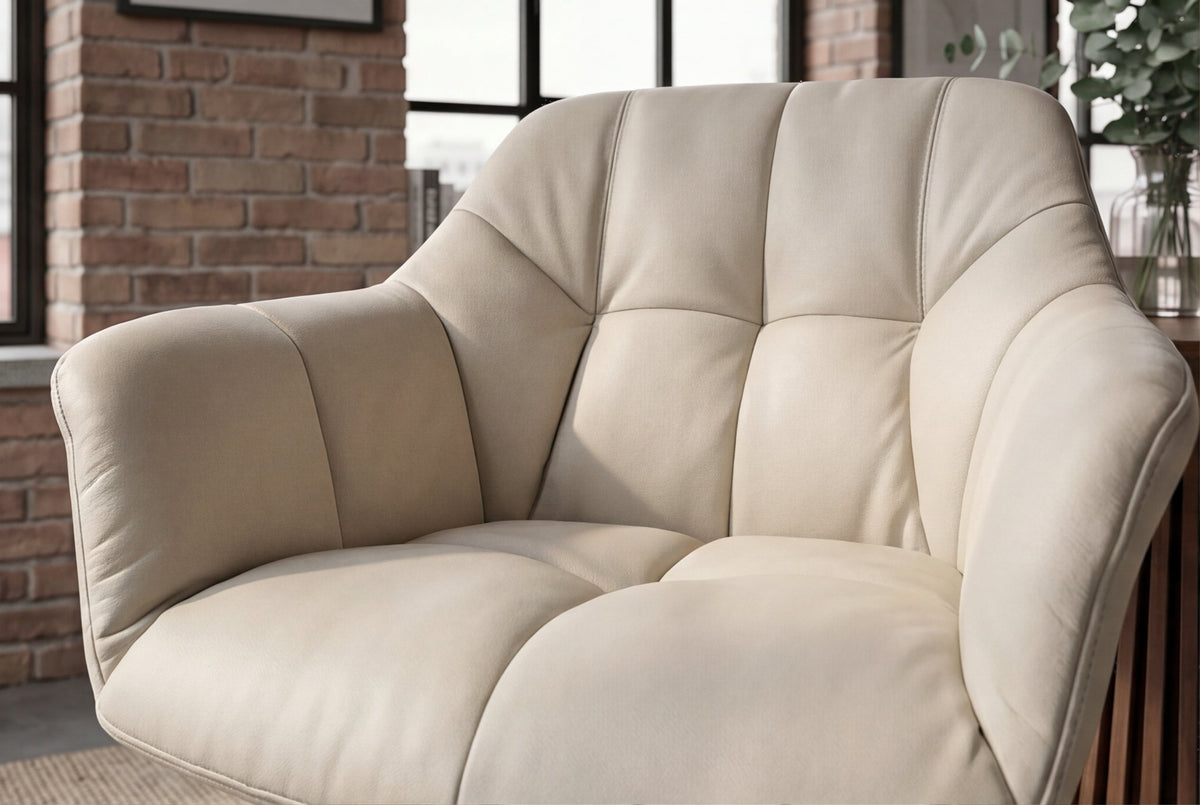 Lot de 2x Fauteuil pivotant PAPILLON beige en cuir véritable avec accoudoirs, piétement noir