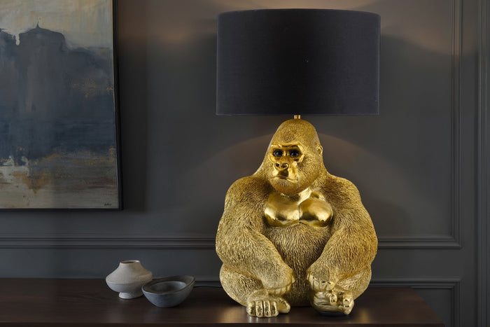 Lot de 2x Lampe de table faite main KING APE 55cm or noir abat-jour en tissu sculpture de gorille