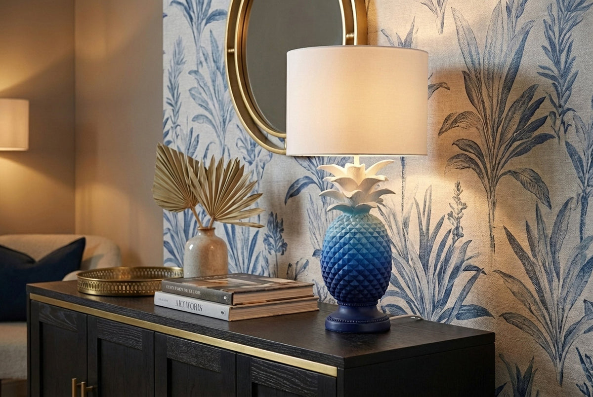 Lot de 2x Lampe de table faite main PINEAPPLE 50cm design ananas bleu blanc avec abat-jour en tissu