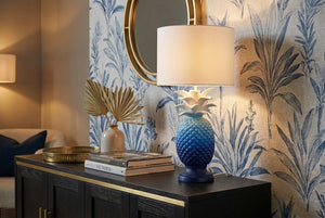 Lot de 2x Lampe de table faite main PINEAPPLE 50cm design ananas bleu blanc avec abat-jour en tissu