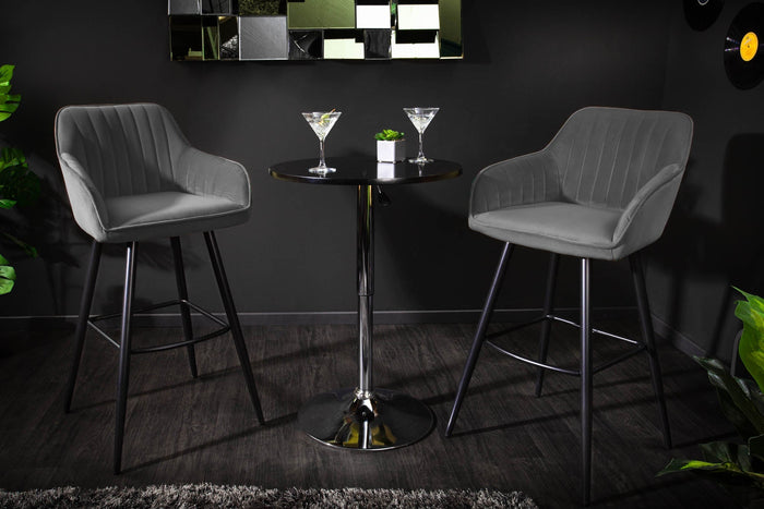 Lot de 2x Noble tabouret de bar TURIN gris argenté velours avec piqûres décoratives tabouret de bar avec accoudoirs
