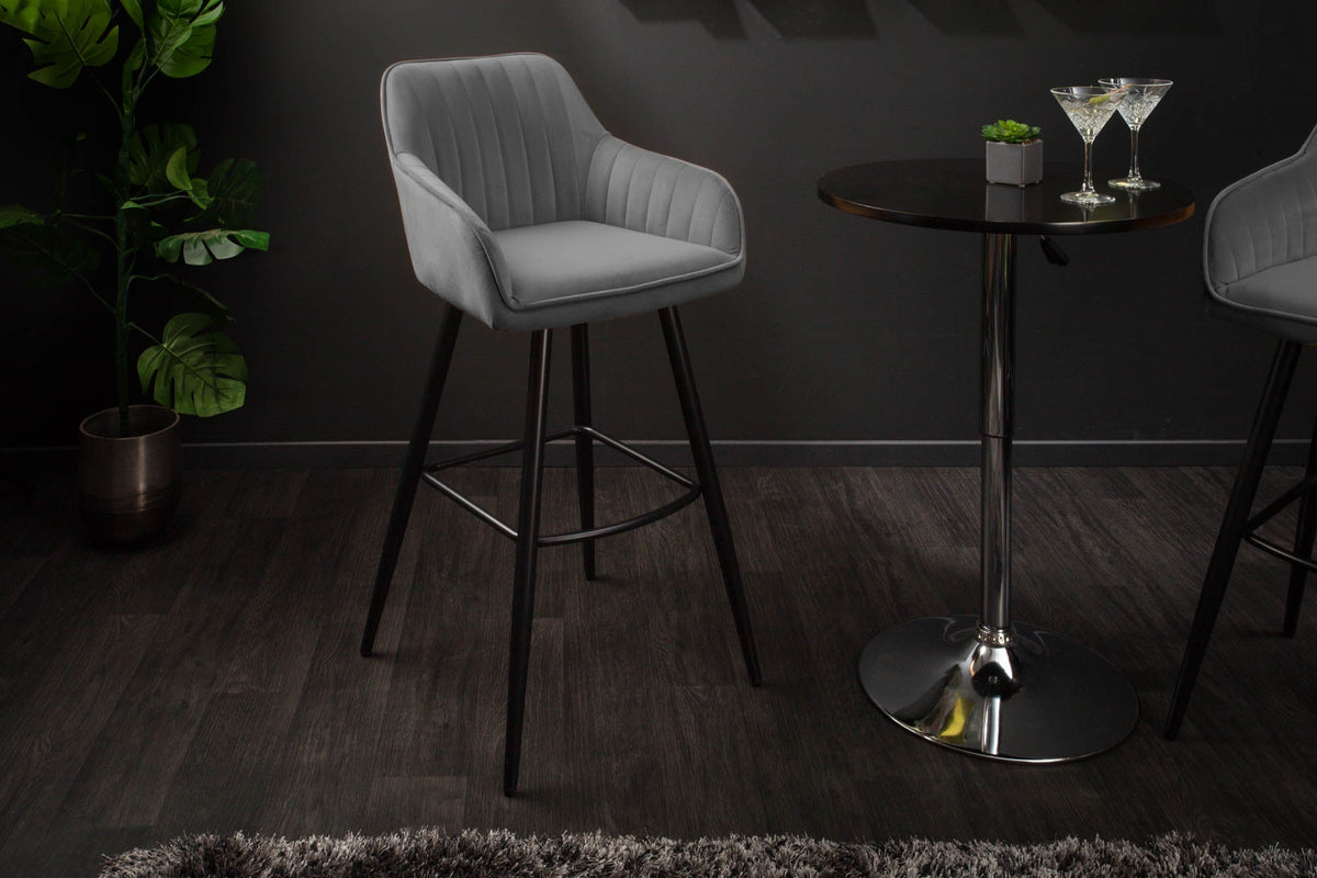 Lot de 2x Noble tabouret de bar TURIN gris argenté velours avec piqûres décoratives tabouret de bar avec accoudoirs