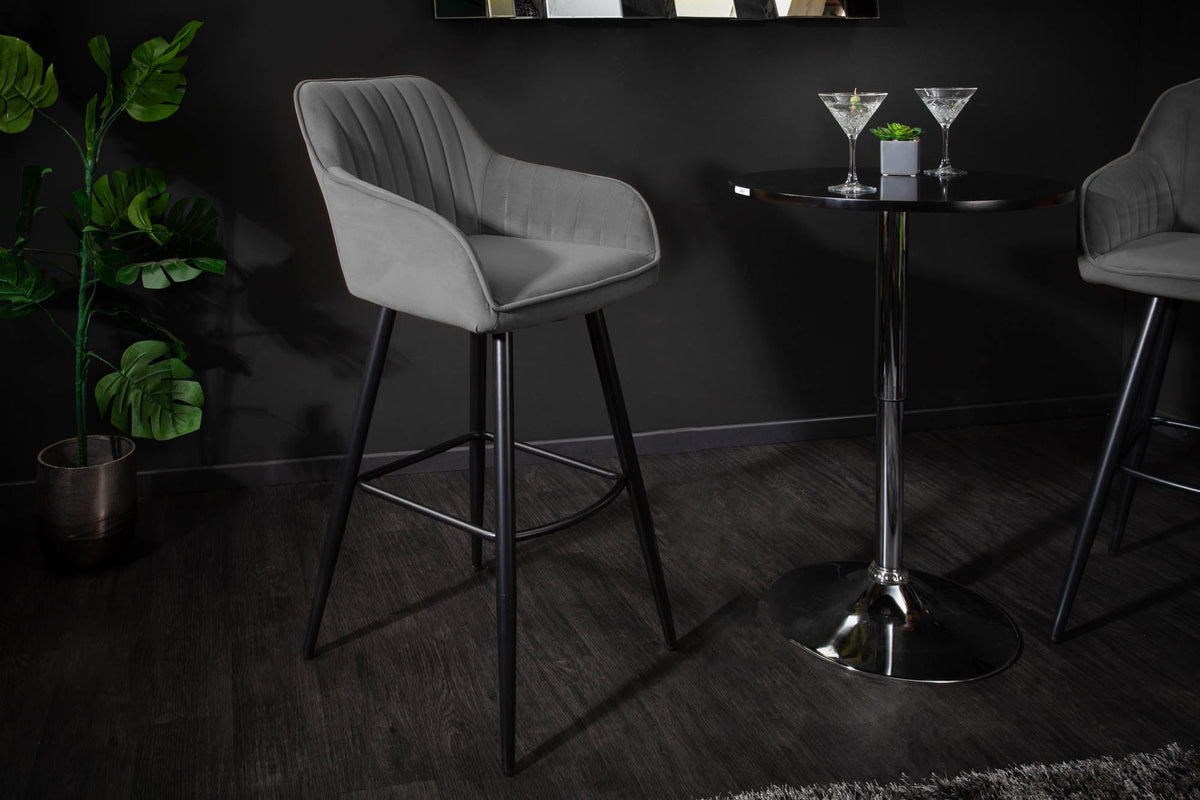 Lot de 2x Noble tabouret de bar TURIN gris argenté velours avec piqûres décoratives tabouret de bar avec accoudoirs
