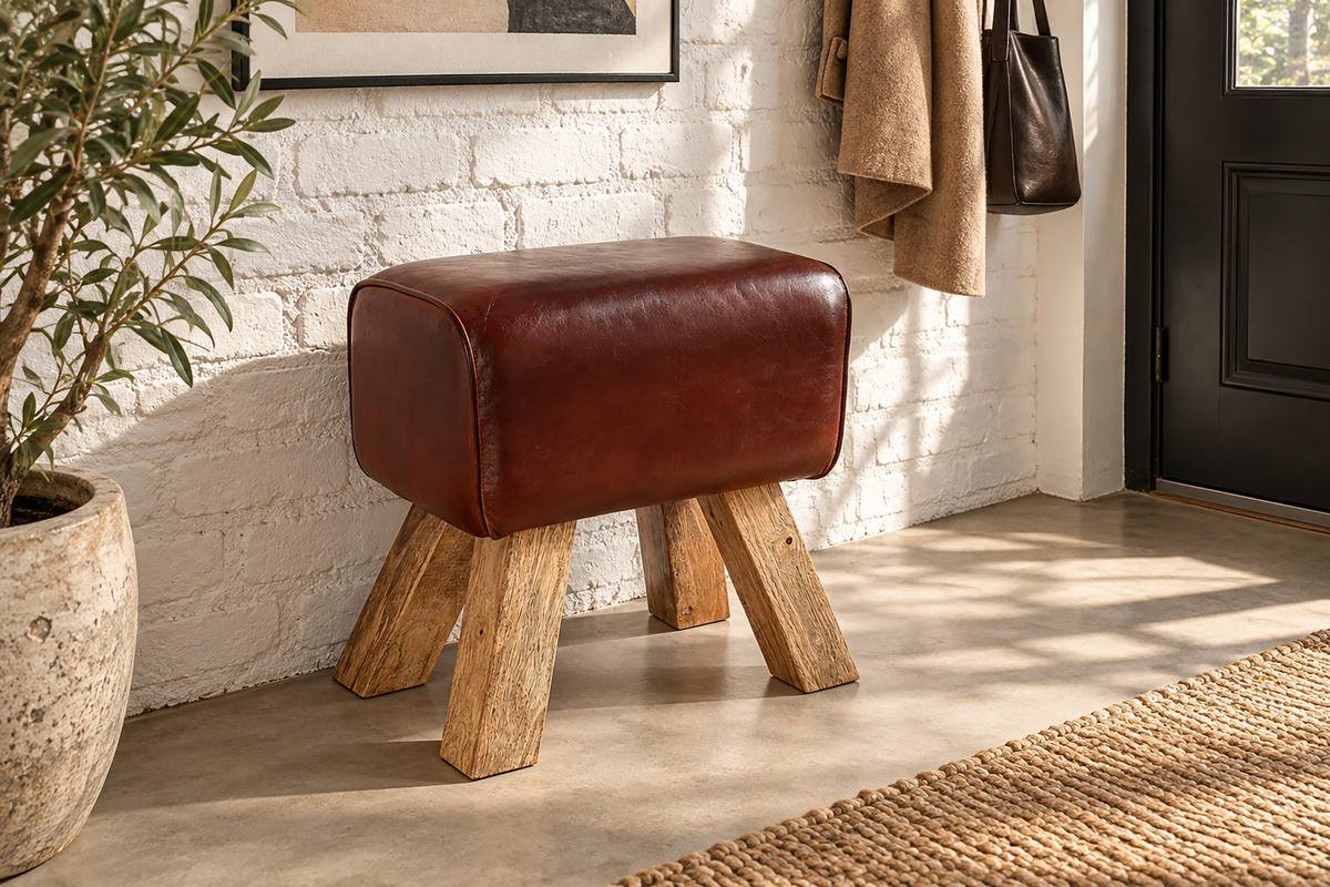 Lot de 2x Retro pouf TURNBOCK 40cm avec revêtement en cuir véritable en bois de manguier