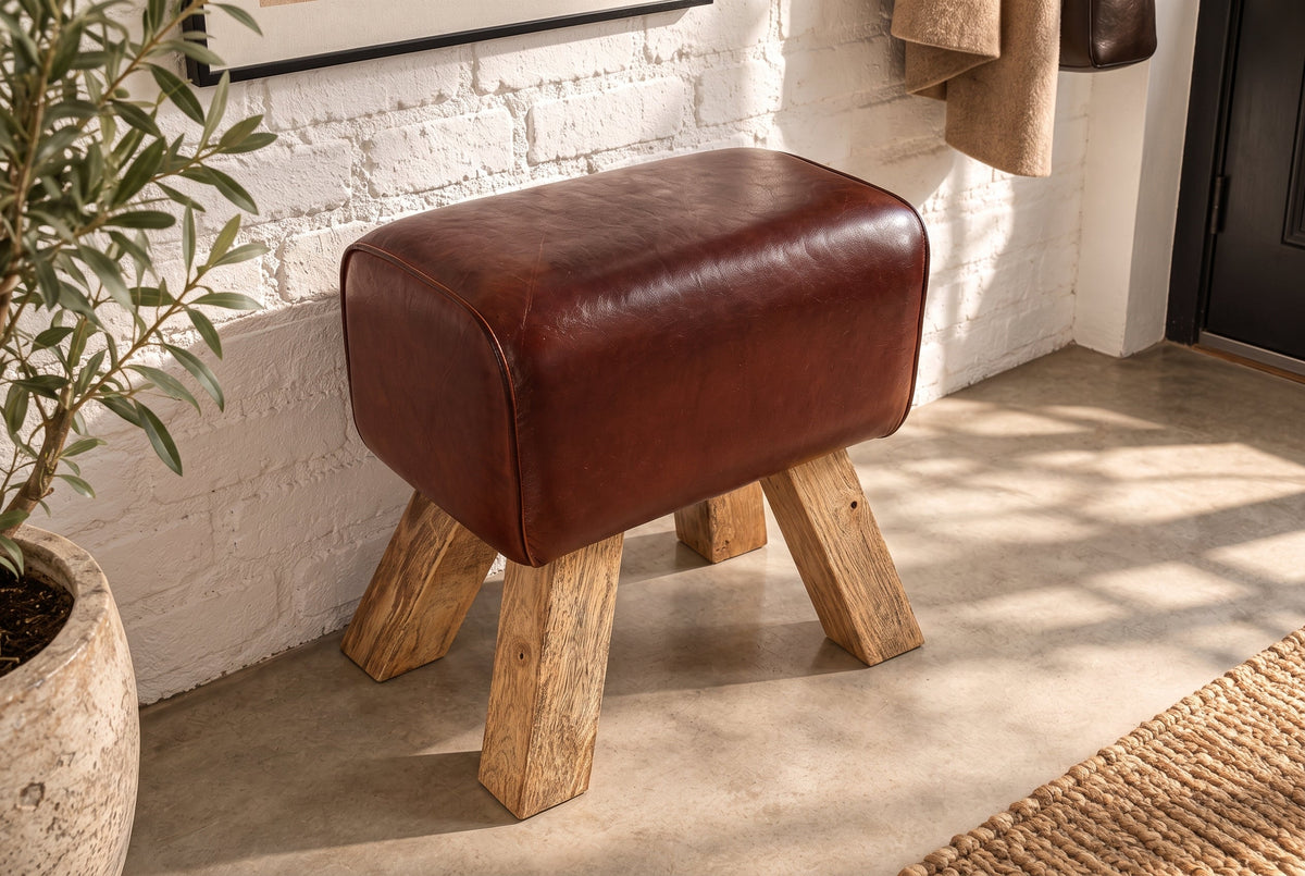 Lot de 2x Retro pouf TURNBOCK 40cm avec revêtement en cuir véritable en bois de manguier