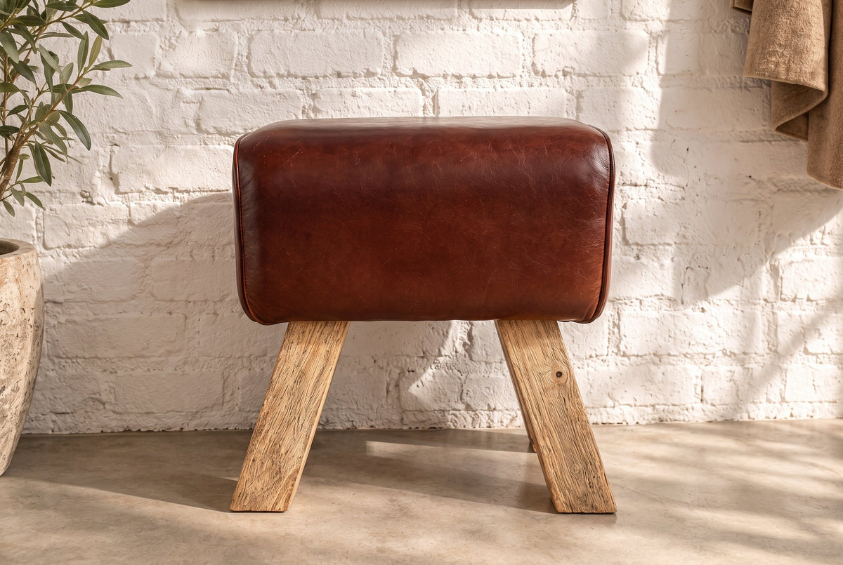 Lot de 2x Retro pouf TURNBOCK 40cm avec revêtement en cuir véritable en bois de manguier