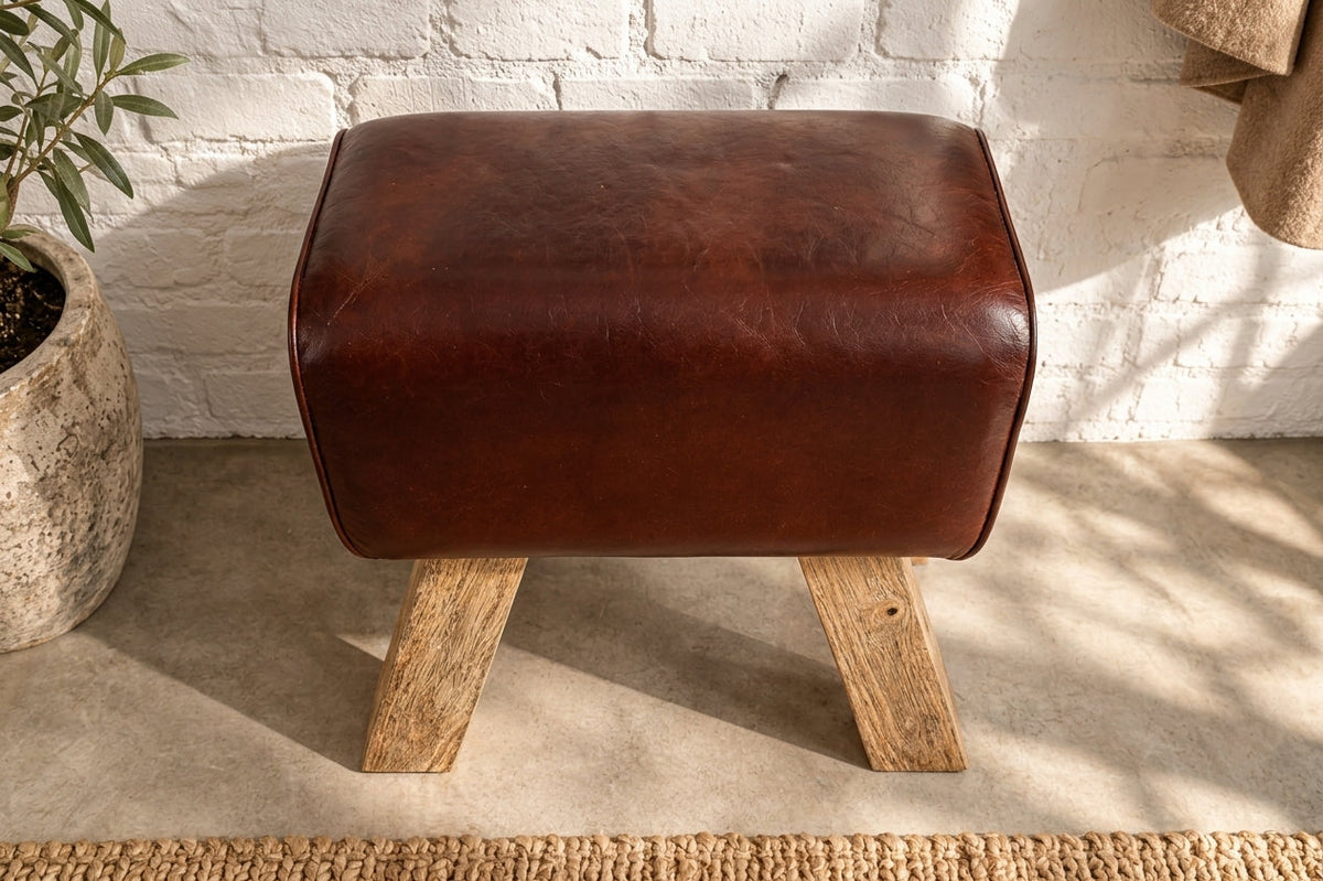 Lot de 2x Retro pouf TURNBOCK 40cm avec revêtement en cuir véritable en bois de manguier