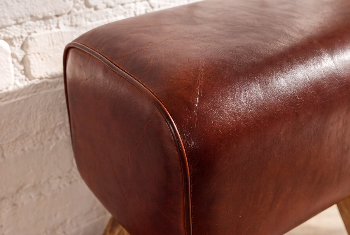 Lot de 2x Retro pouf TURNBOCK 40cm avec revêtement en cuir véritable en bois de manguier