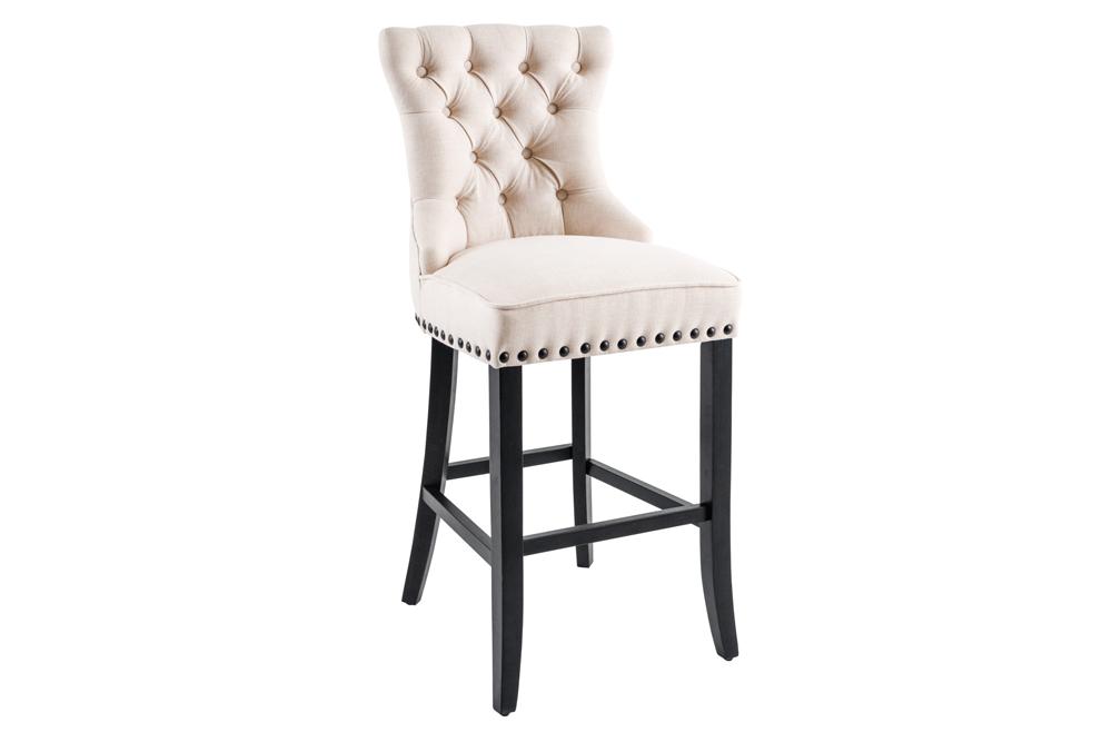 Lot de 2x Tabouret de bar design CASTLE beige noir tissu structuré avec dossier bois Chesterfield