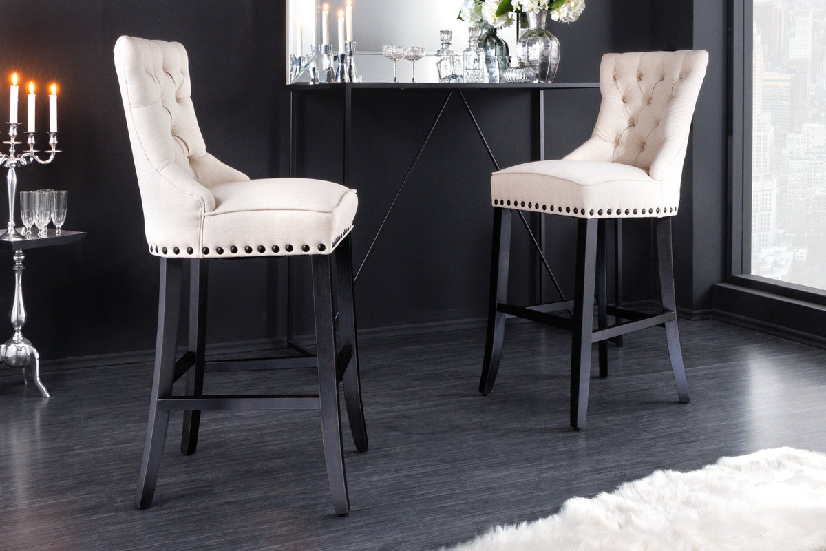 Lot de 2x Tabouret de bar design CASTLE beige noir tissu structuré avec dossier bois Chesterfield
