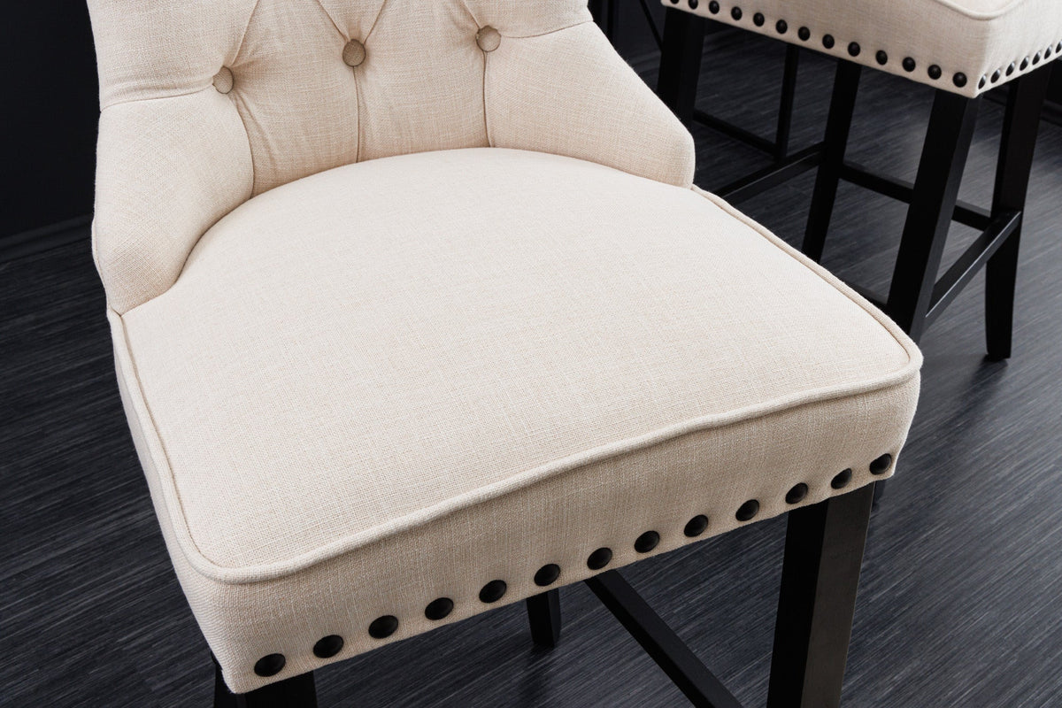 Lot de 2x Tabouret de bar design CASTLE beige noir tissu structuré avec dossier bois Chesterfield