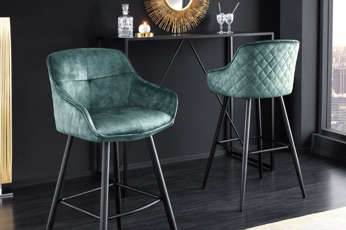 Lot de 2x Tabouret de bar design EUPHORIA pétrole velours pieds en métal noir tabouret de bar avec dossier (réf. 43691)