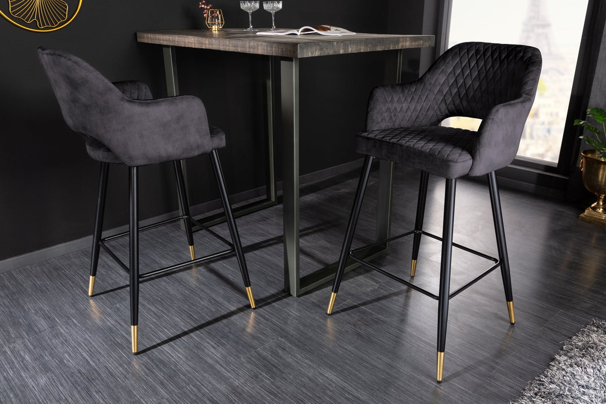 Lot de 2x Tabouret de bar design PARIS gris velours avec dossier métal noir or piqûres décoratives (réf. 41514)