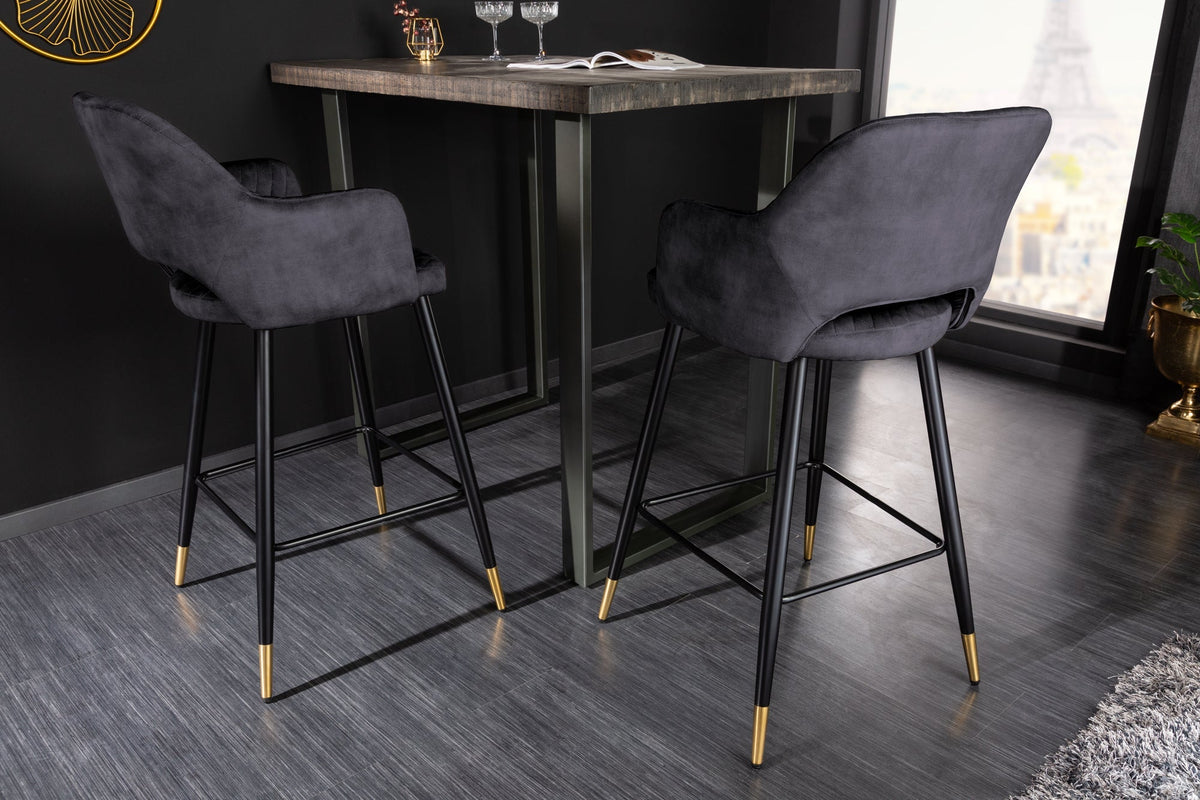 Lot de 2x Tabouret de bar design PARIS gris velours avec dossier métal noir or piqûres décoratives (réf. 41514)