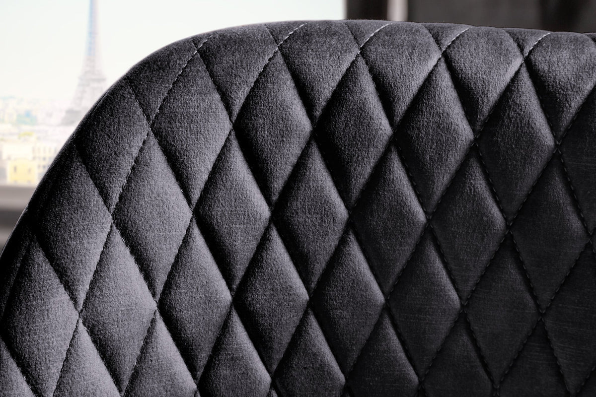Lot de 2x Tabouret de bar design PARIS gris velours avec dossier métal noir or piqûres décoratives (réf. 41514)