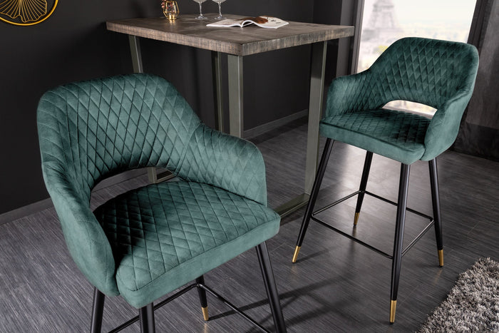 Lot de 2x Tabouret de bar design PARIS pétrole velours surpiqûre décorative embouts de pieds or avec accoudoirs