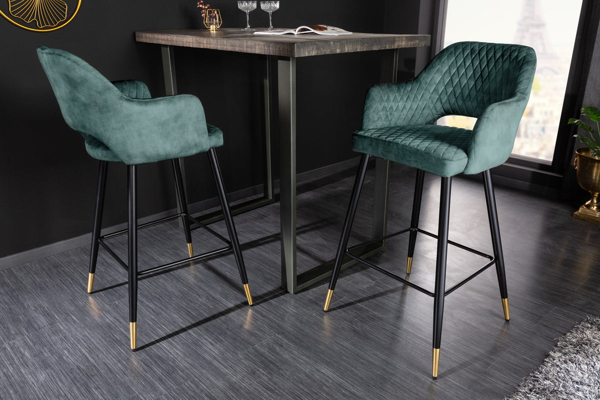 Lot de 2x Tabouret de bar design PARIS pétrole velours surpiqûre décorative embouts de pieds or avec accoudoirs