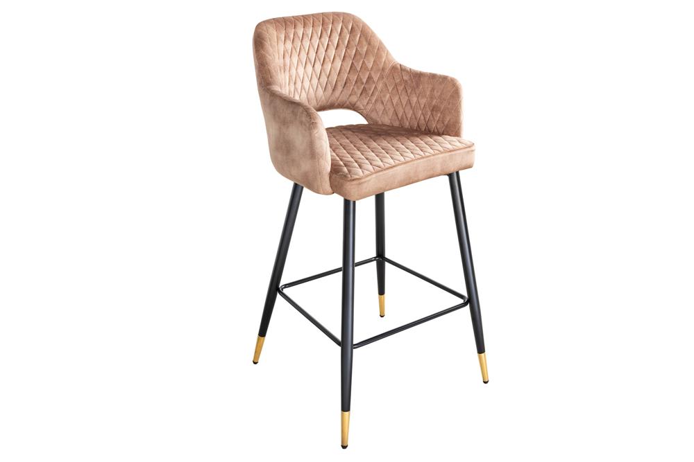 Lot de 2x Tabouret de bar design PARIS velours greige avec dossier métal noir et or matelassage décoratif