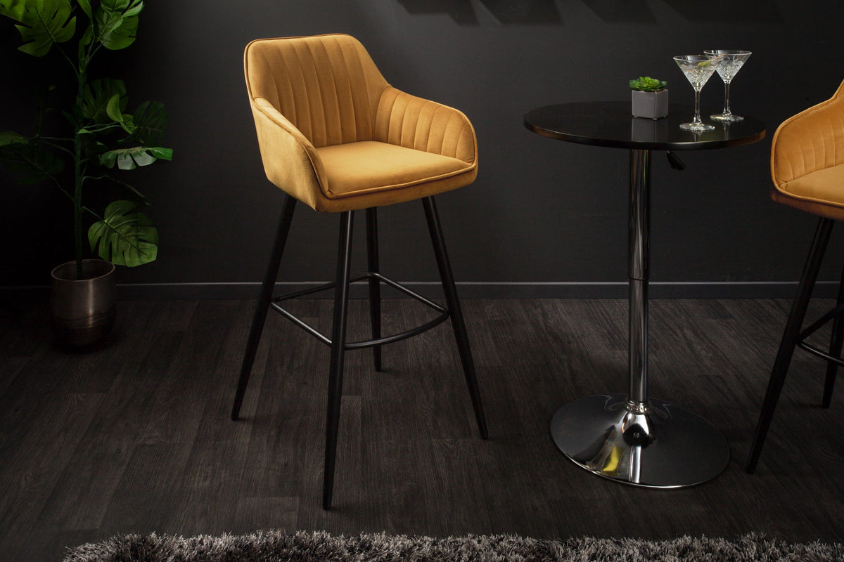 Lot de 2x Tabouret de bar élégant TURIN jaune moutarde velours avec matelassage décoratif, tabouret de bar avec accoudoirs