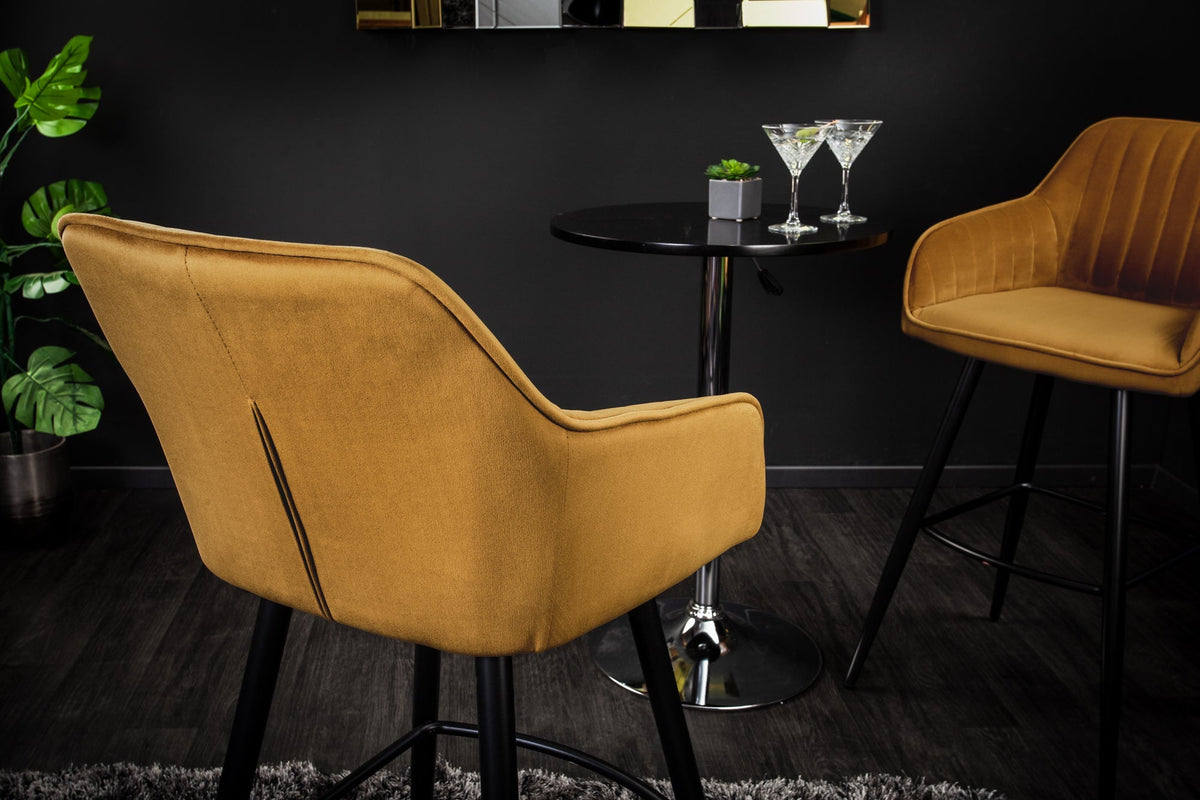 Lot de 2x Tabouret de bar élégant TURIN jaune moutarde velours avec matelassage décoratif, tabouret de bar avec accoudoirs