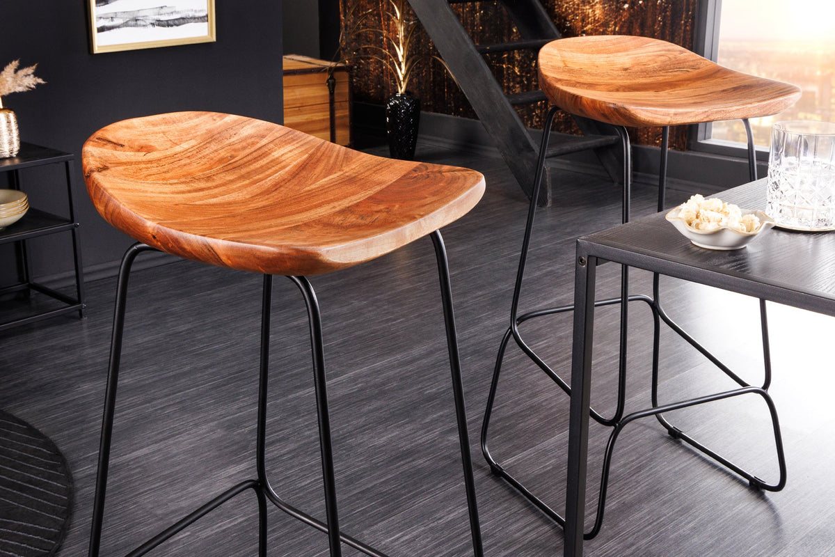 Lot de 2x Tabouret de bar en bois massif MAMMUT naturel acacia châssis métal noir avec repose-pieds