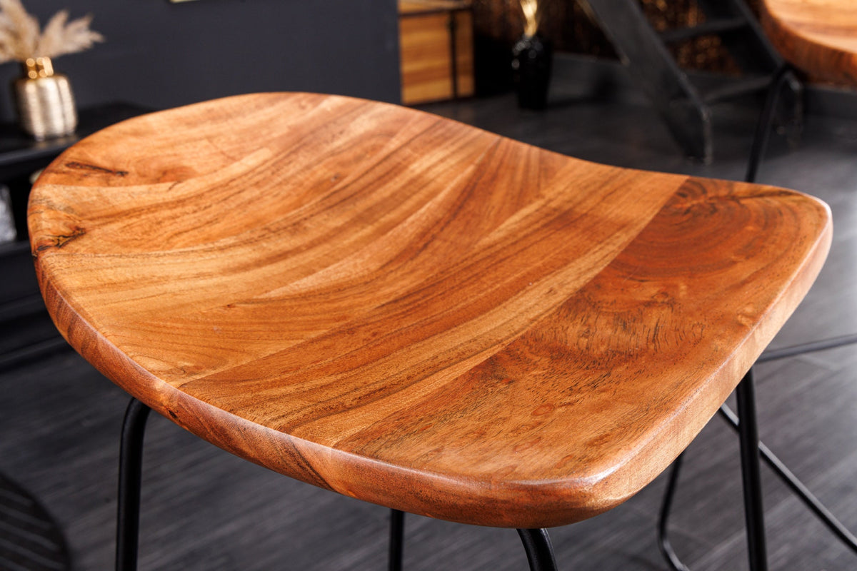 Lot de 2x Tabouret de bar en bois massif MAMMUT naturel acacia châssis métal noir avec repose-pieds