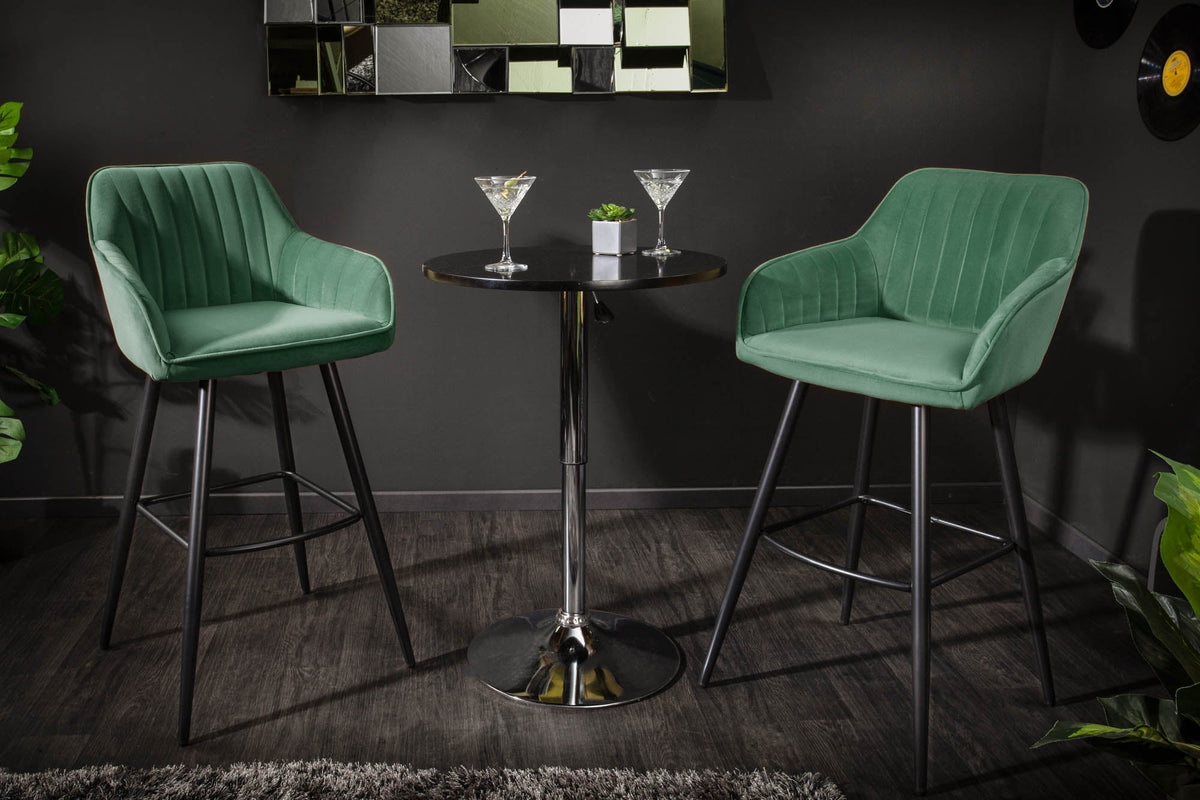 Lot de 2x Tabouret de bar noble TURIN vert émeraude velours avec surpiqûres décoratives chaise de bar avec accoudoirs (réf. 40436)