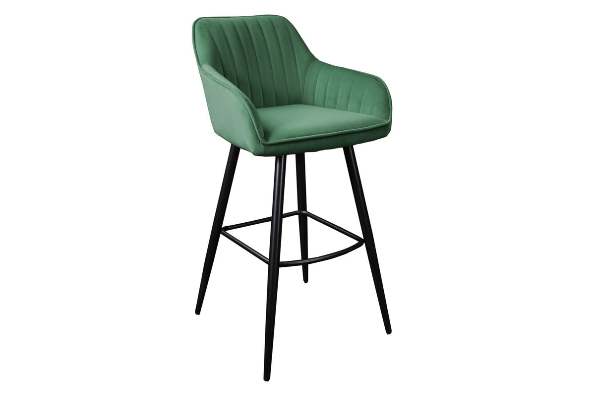 Lot de 2x Tabouret de bar noble TURIN vert émeraude velours avec surpiqûres décoratives chaise de bar avec accoudoirs (réf. 40436)