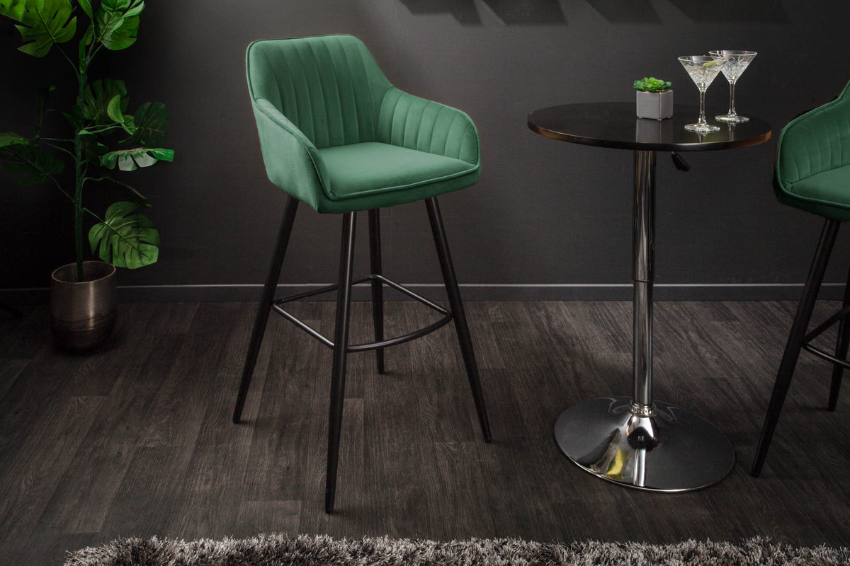 Lot de 2x Tabouret de bar noble TURIN vert émeraude velours avec surpiqûres décoratives chaise de bar avec accoudoirs (réf. 40436)