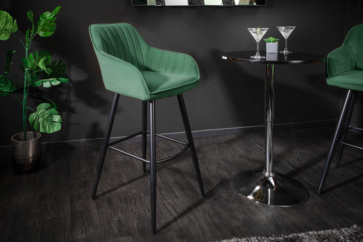 Lot de 2x Tabouret de bar noble TURIN vert émeraude velours avec surpiqûres décoratives chaise de bar avec accoudoirs (réf. 40436)