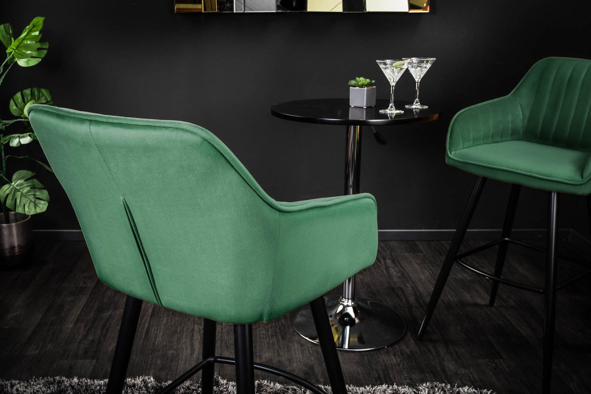Lot de 2x Tabouret de bar noble TURIN vert émeraude velours avec surpiqûres décoratives chaise de bar avec accoudoirs (réf. 40436)