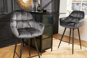 Lot de 2x Tabouret de bar pivotant PAPILLON velours gris tabouret de bar avec dossier pieds métal noir