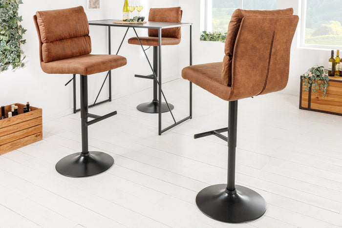 Lot de 2x Tabouret de bar réglable en hauteur COMFORT marron antique microfibre rotatif avec dossier métal noir