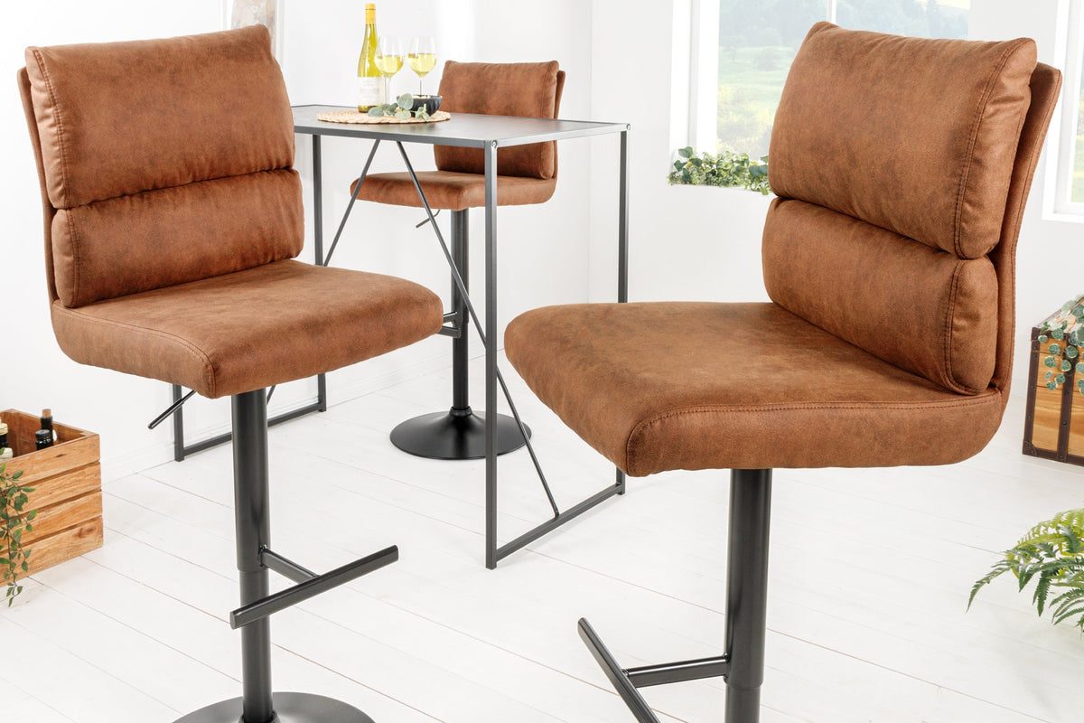 Lot de 2x Tabouret de bar réglable en hauteur COMFORT marron antique microfibre rotatif avec dossier métal noir