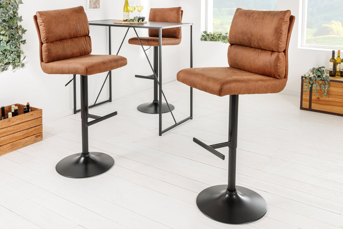 Lot de 2x Tabouret de bar réglable en hauteur COMFORT marron antique microfibre rotatif avec dossier métal noir