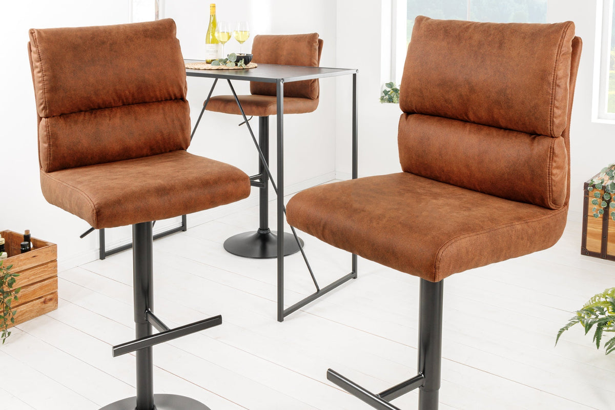 Lot de 2x Tabouret de bar réglable en hauteur COMFORT marron antique microfibre rotatif avec dossier métal noir
