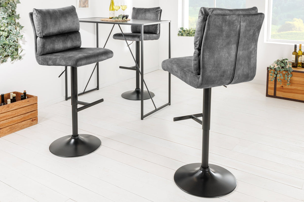 Lot de 2x Tabouret de bar réglable en hauteur COMFORT velours gris foncé rotatif avec dossier métal noir (réf. 43650)