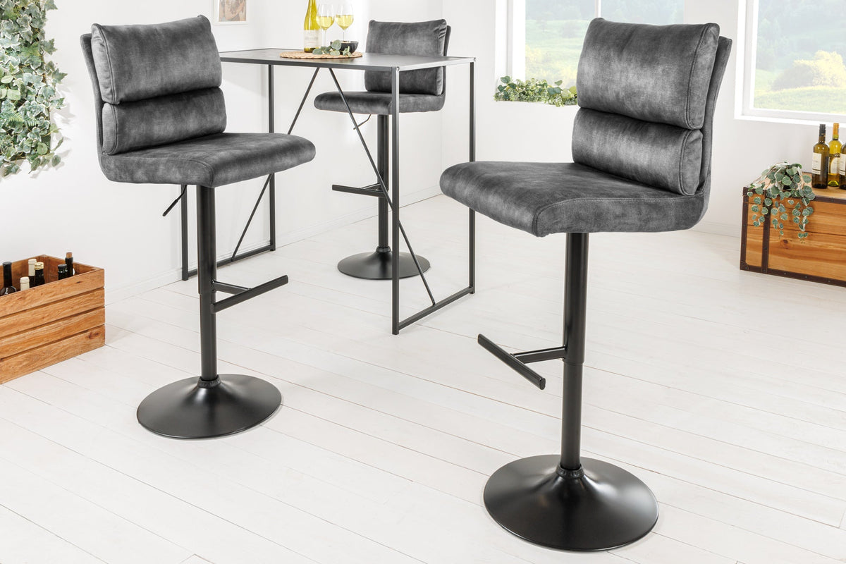 Lot de 2x Tabouret de bar réglable en hauteur COMFORT velours gris foncé rotatif avec dossier métal noir (réf. 43650)