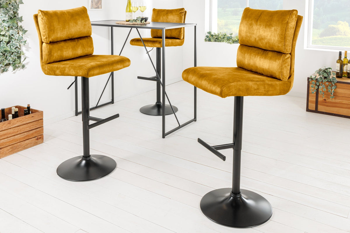 Lot de 2x Tabouret de bar réglable en hauteur COMFORT velours jaune moutarde pivotant avec dossier métal noir