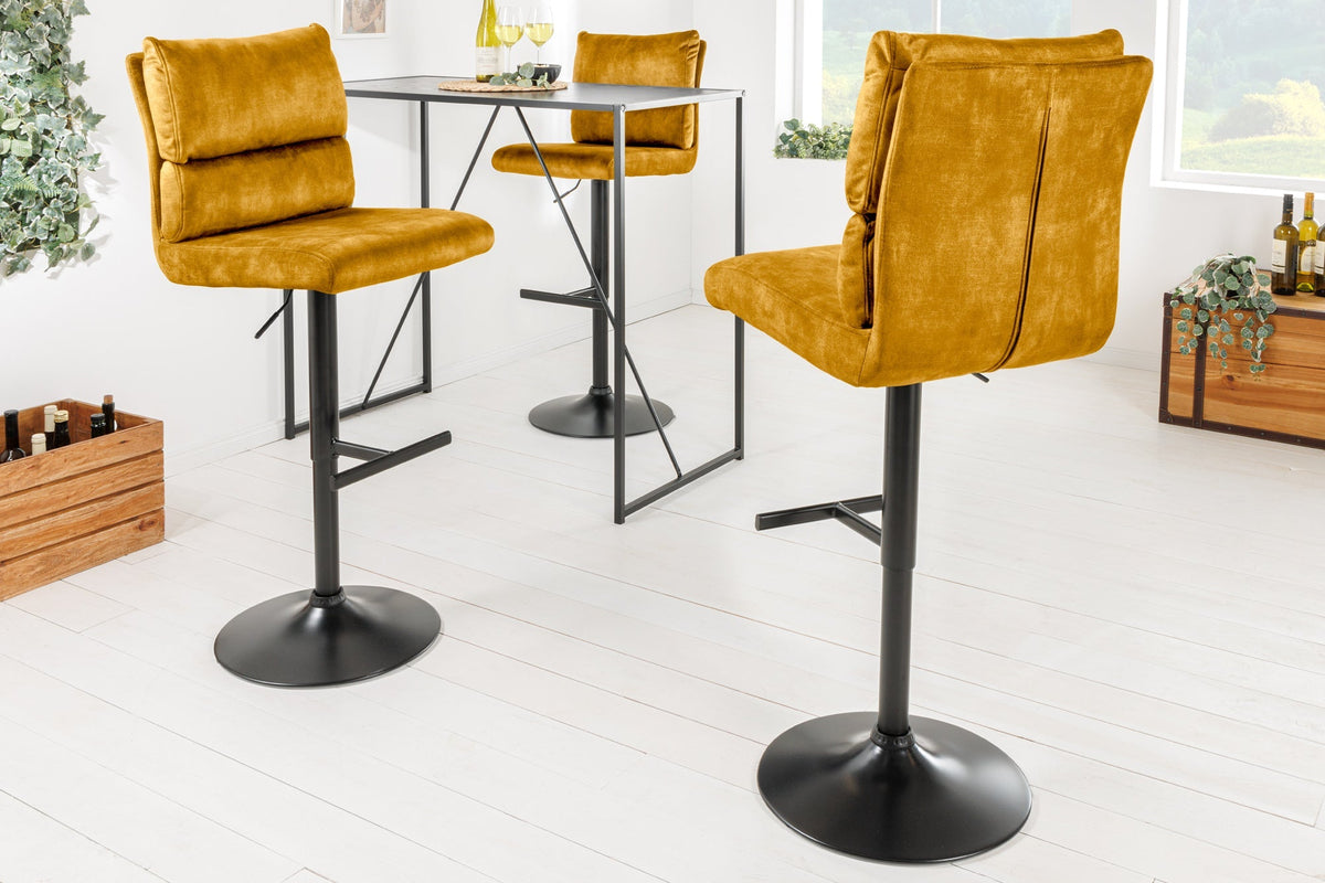 Lot de 2x Tabouret de bar réglable en hauteur COMFORT velours jaune moutarde pivotant avec dossier métal noir