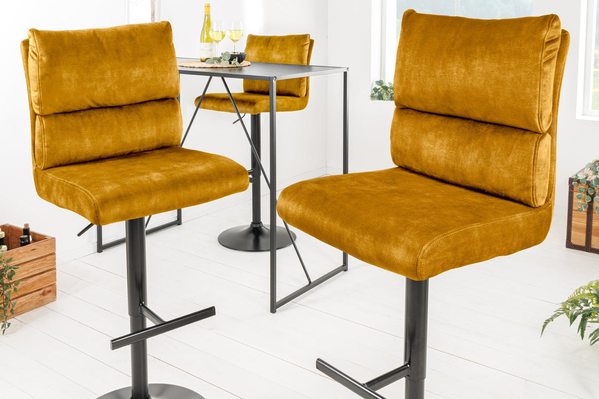 Lot de 2x Tabouret de bar réglable en hauteur COMFORT velours jaune moutarde pivotant avec dossier métal noir
