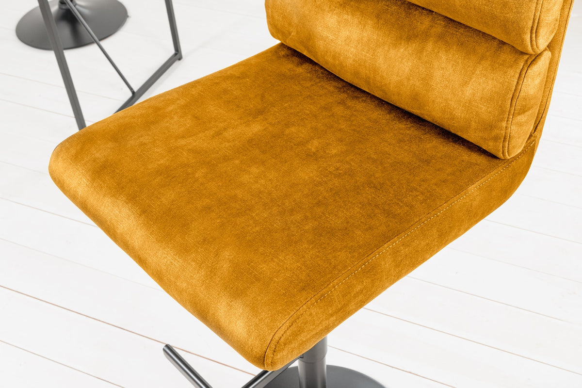 Lot de 2x Tabouret de bar réglable en hauteur COMFORT velours jaune moutarde pivotant avec dossier métal noir