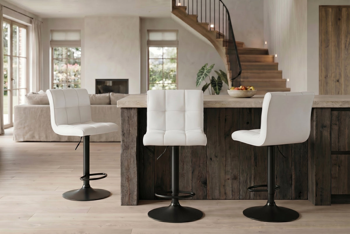 Lot de 2x Tabouret de bar réglable en hauteur MODENA blanc simili cuir noir avec dossier pivotant