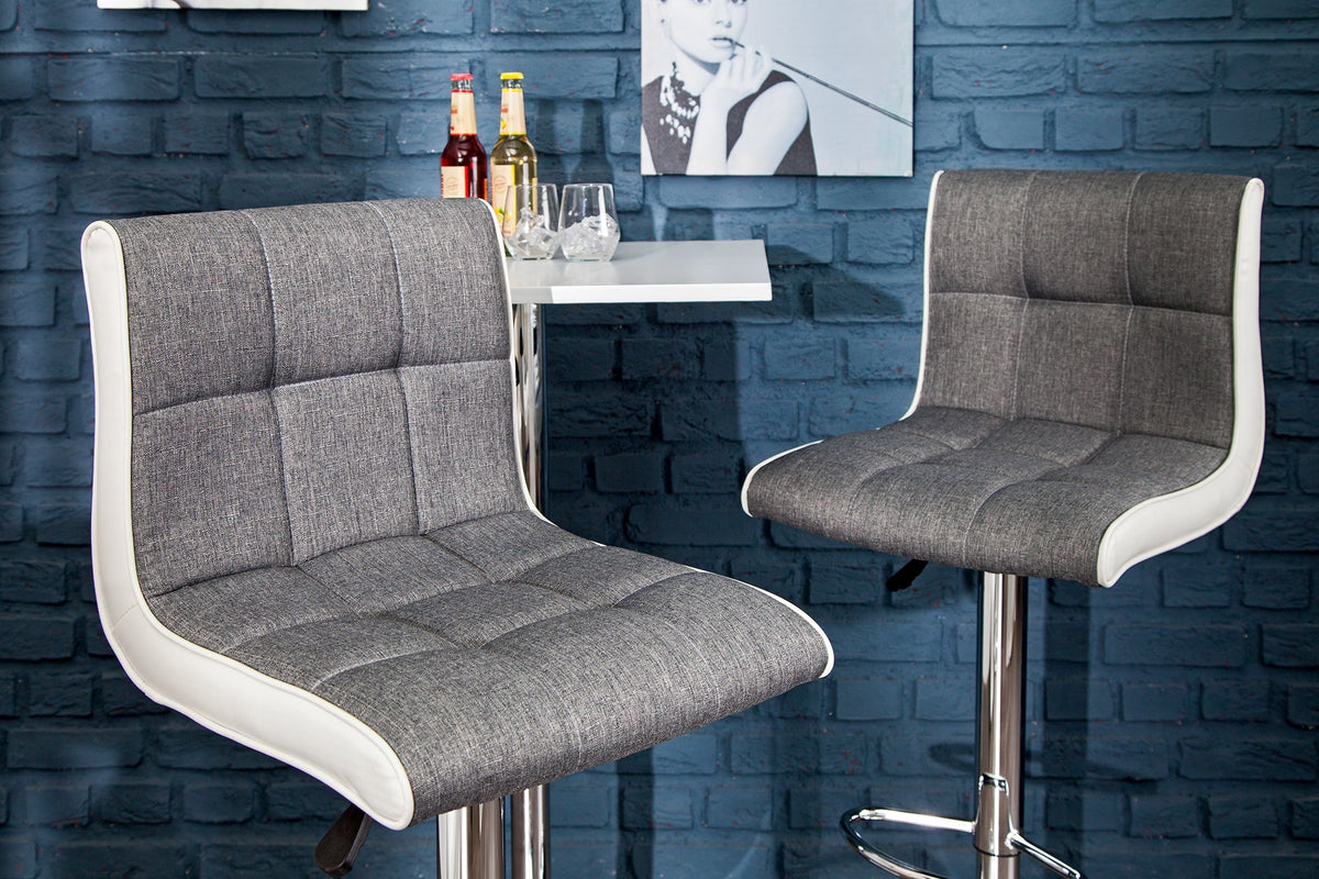 Lot de 2x Tabouret de bar réglable en hauteur MODENA gris blanc tissu structuré cuir synthétique avec dossier pivotant